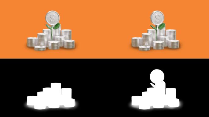 3d动画动画片上的摇钱树是一堆钱的成长。