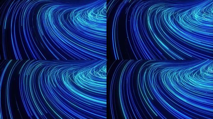 漂浮的蓝色发光粒子跟踪背景环。创意流点痕迹无缝背景。流畅明快的线条动态动画设计。