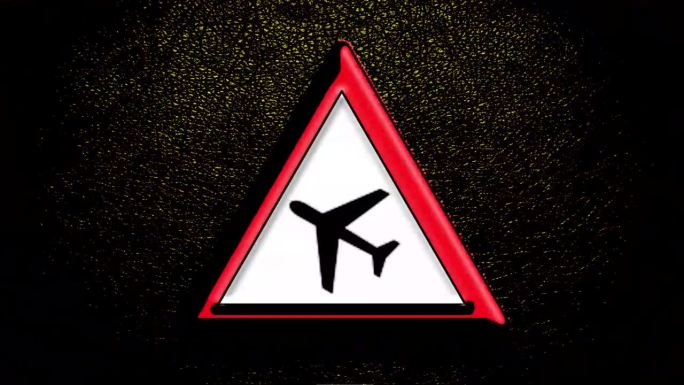 动画闪烁的“频繁飞机”的标志，标志，标志或警告在黑色背景