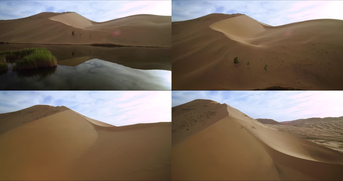 4k实拍沙漠绿洲航拍沙山沙漠淡水湖