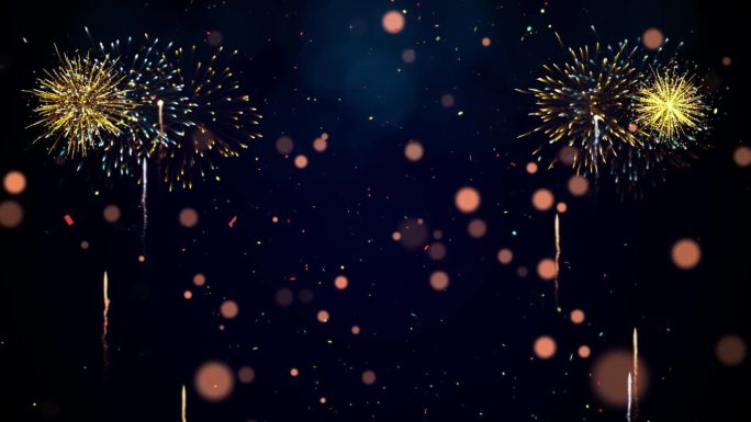 2024年新年快乐庆祝概念为文字。慢动作散景粒子纸屑和闪烁的烟花在黑暗的背景。