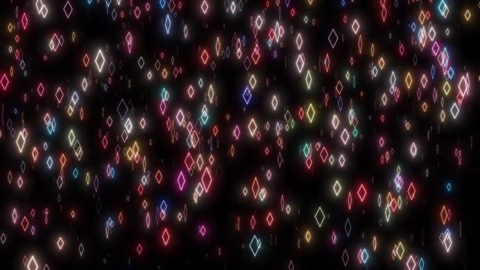 下雨钻石形状粒子落在黑暗的背景，发光粒子钻石，钻石卡图标下降的动画。数码高科技背景