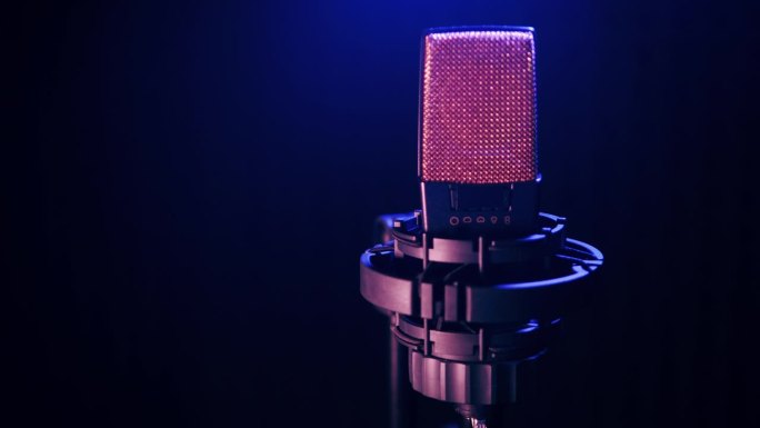 霓虹灯下的演播室麦克风。麦克风，音乐，声音，录音，麦克风