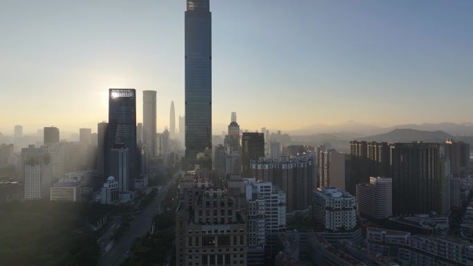 深圳深南中路汉国中心建筑群日出航拍
