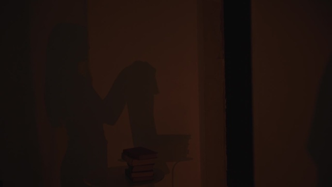 在昏暗的夜灯下，一个女孩在墙上的影子