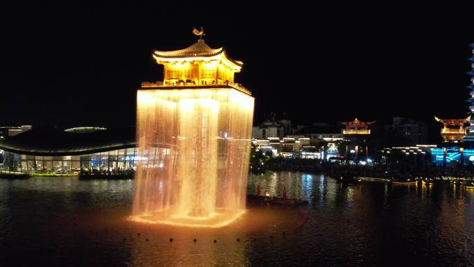 江西上饶婺女洲水灯塔夜景航拍