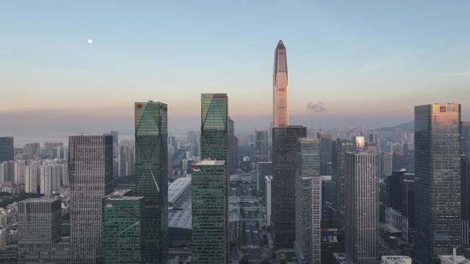 深圳福田区CBD建筑群日出金光航拍