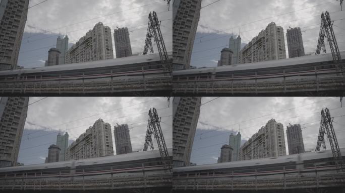 高铁穿过城市地王大厦深圳4K50p灰片