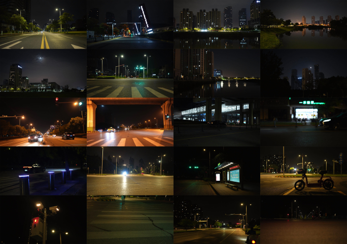 深夜的城市道路无人的道路公交站深夜城市