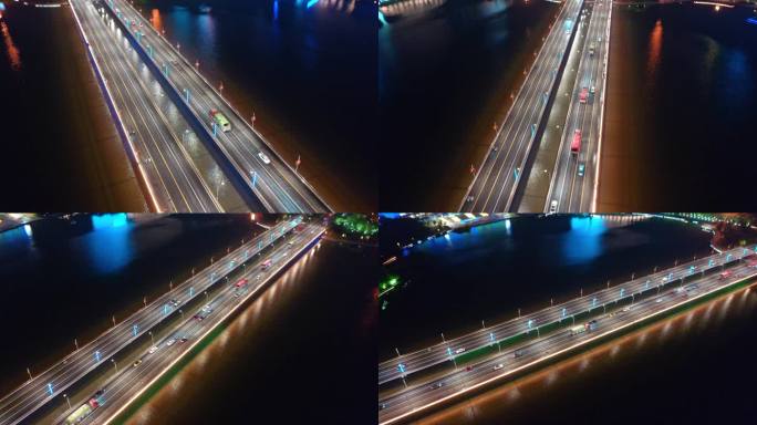 扬州西区明月湖大桥车流夜景灯光航拍