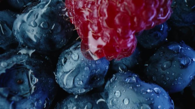 抽象的彩色浆果，极端的微距滑块。野生森林覆盆子，蓝莓