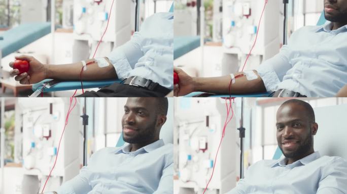 医院黑人男性献血者置管手部特写。镜头从手掌挤压心形球到向非洲男人的笑脸泵血。为烧伤受害者捐款。