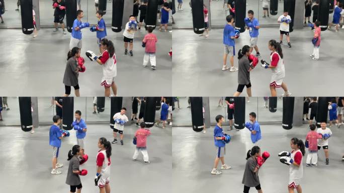 暑假培训班拳击孩子女孩男孩训练实拍原素材