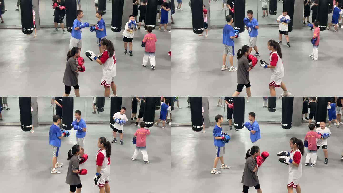 暑假培训班拳击孩子女孩男孩训练实拍原素材