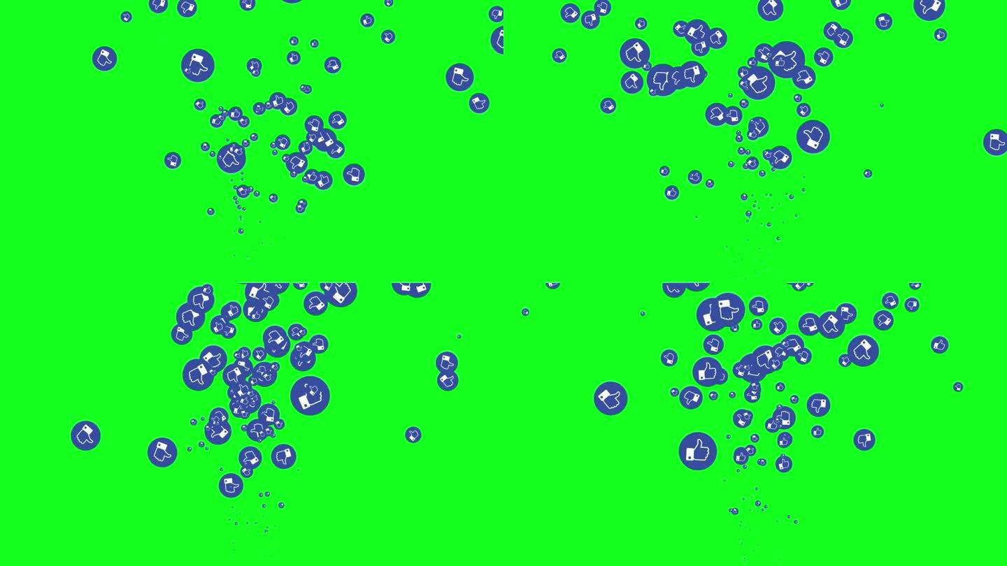 蓝色的小拇指像图标洪水随机弹出从下面向上的方向在绿色屏幕背景