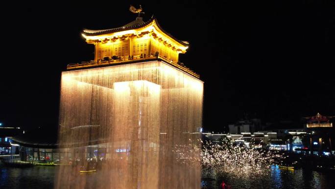 江西上饶婺女洲水灯塔打铁花夜景航拍