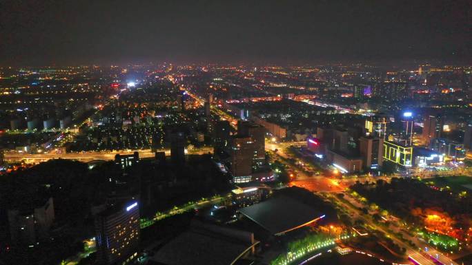 扬州西区明月湖大桥京华城商圈夜景灯光航拍