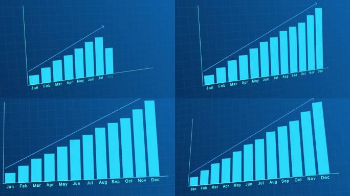 业务月图增长条形图。公司月度成长与企业年度进步。三维透视蓝图动画。