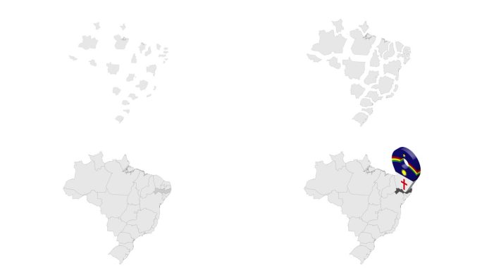 巴伊亚州在巴西地图上的位置。3d巴伊亚旗地图标记位置pin。巴西地图显示了不同的部分。巴西动画地图。