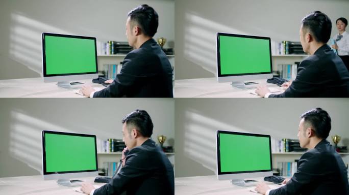 办公室男人电脑办公绿幕抠像