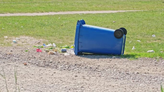 露天音乐节期间，草地上的塑胶垃圾桶被掀翻