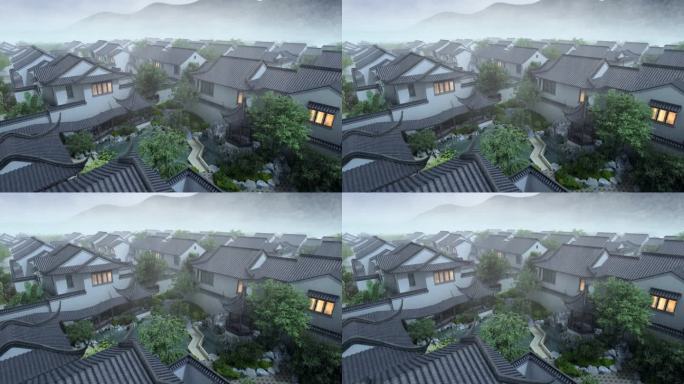 中式别墅雨景大景