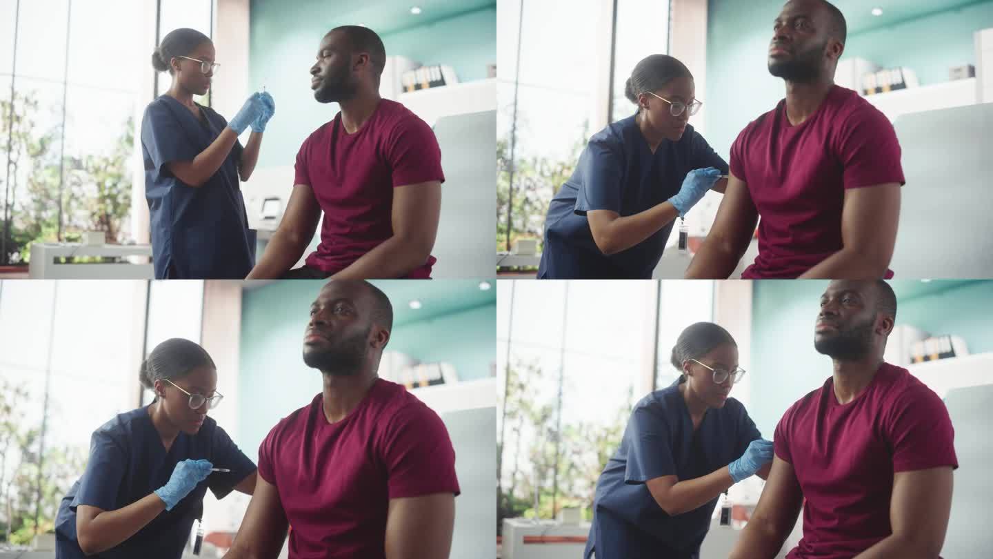 非裔美国人坐在医院的椅子上注射水痘疫苗专业黑人女护士正在表演打针和贴片。公共医疗理念。