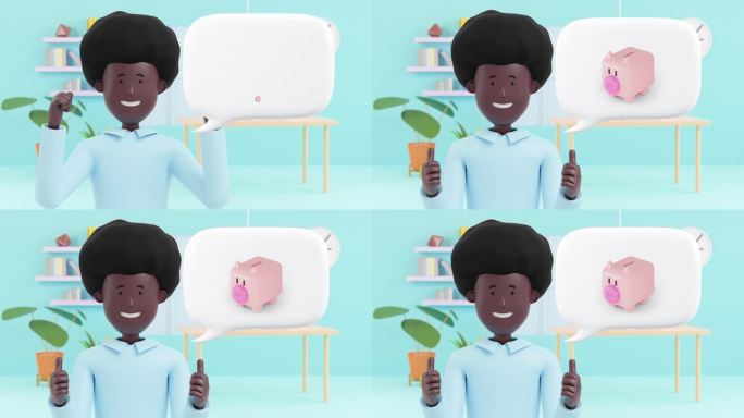 3d动画非洲人竖起大拇指说话泡泡猪小猪存钱。