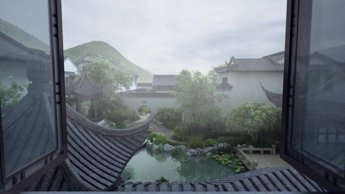 中式别墅雨景窗外
