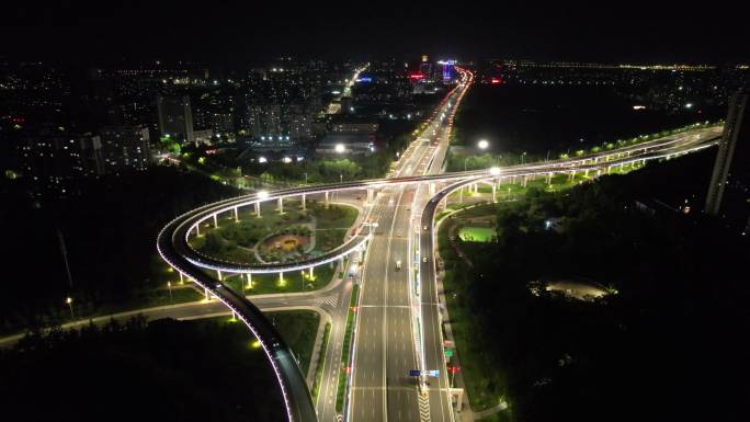 山东潍坊城市高架桥夜景交通航拍 (6)