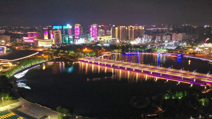 扬州西区五彩世界星耀明月湖大桥夜景航拍