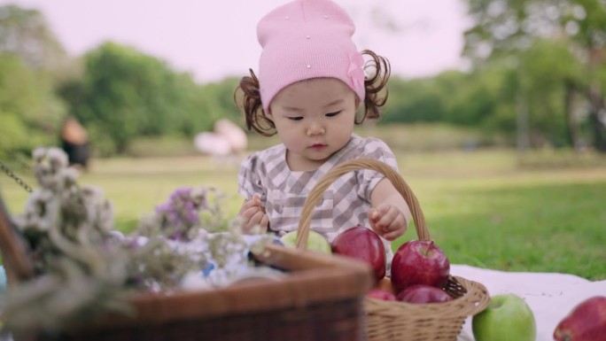 快乐可爱的小女孩坐在公园里拿着苹果，玩着苹果。