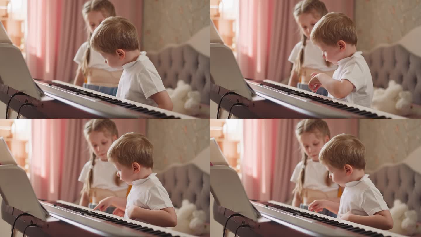 蹒跚学步的男孩要求女孩为主题展示正确的钢琴键