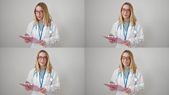 年轻的金发女医生读着剪贴板上的文件，在孤立的白色背景上说不