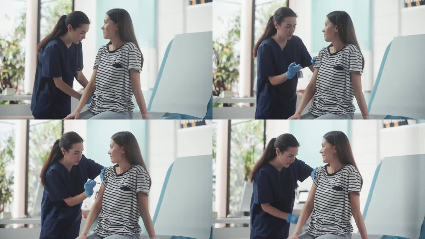 快乐的白人妇女坐在光明医院的椅子上接种MMR疫苗。专业女护士正在进行注射和贴片。公共医疗理念。