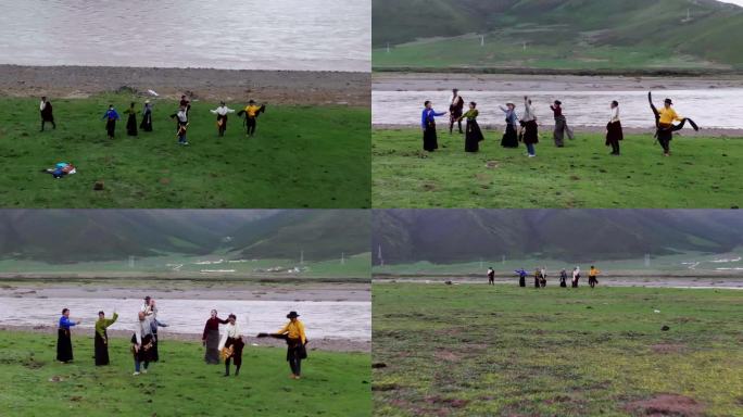 黄河边跳舞的藏族青年航拍