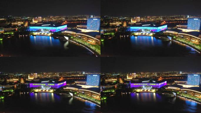航拍扬州明月湖中国大运河大剧院夜景