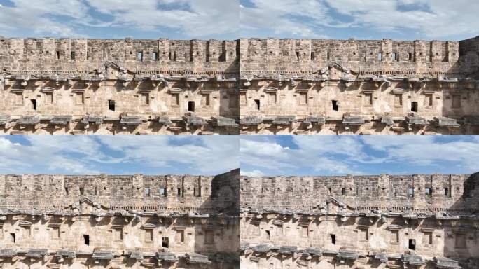 阿斯潘多斯古董城和阿斯潘多斯古董剧院无人机视频，安塔利亚，土耳其(土耳其语)