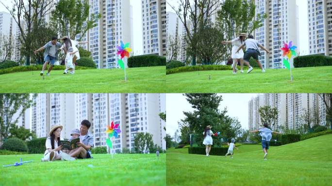 幸福的一家人一家三口放风筝玩游戏亲子陪伴