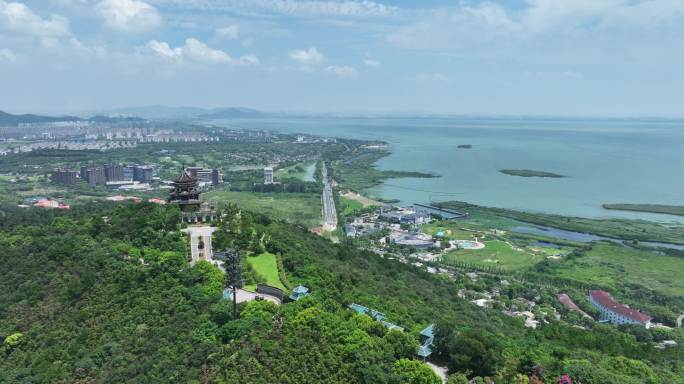 苏州吴中区太湖渔洋山风景区渔洋阁航拍