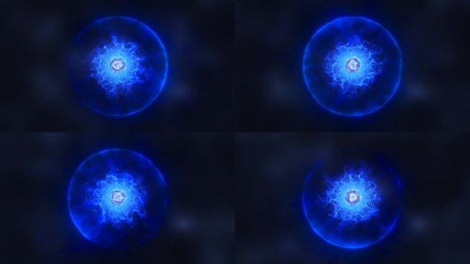 抽象能量蓝球原子与电子飞行发光粒子和魔法场，科学未来的高科技背景