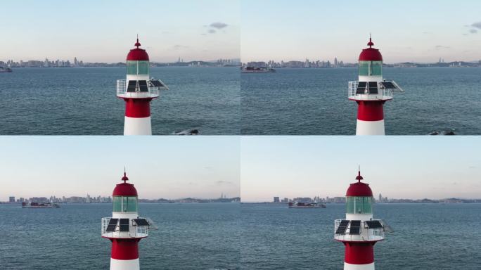 青岛海边的灯塔航拍4K视频