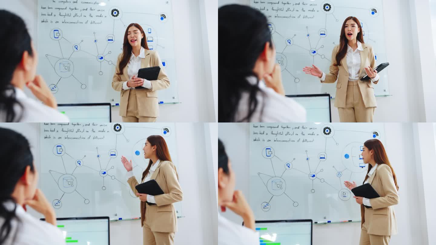 女商人在办公室用白板主持与经理的商务会议。统计、图表。数字企业家致力于电子商务项目。