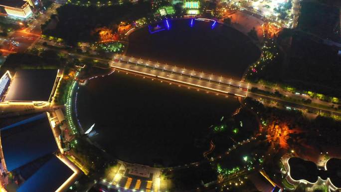 扬州西区明月湖大桥京华城商圈夜景灯光航拍