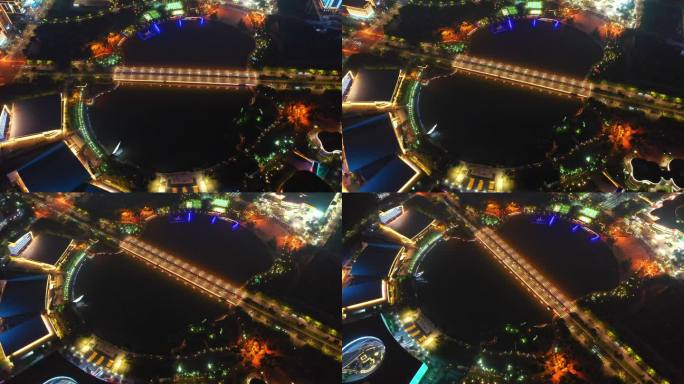 扬州西区明月湖大桥京华城商圈夜景灯光航拍