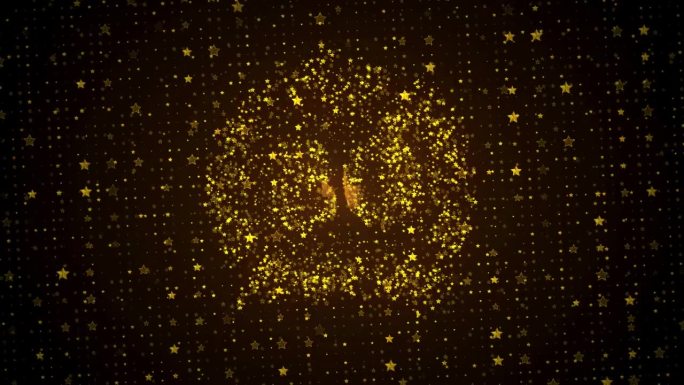 豪华动态视图金色闪亮的快乐80周年标志显示在金棕色闪烁的星星形状颗粒闪闪发光的图案