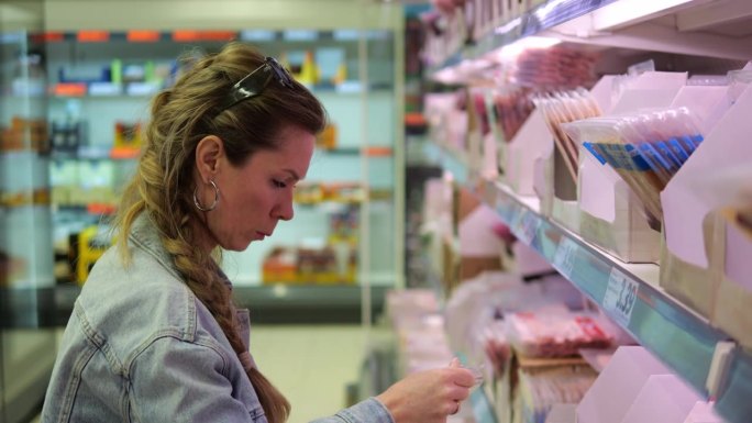一位年轻的女士在超市的货架上挑选一盒切片包装的肉制品。一包包的冷却猪肉、牛肉、鸡肉、火腿、培根和意大