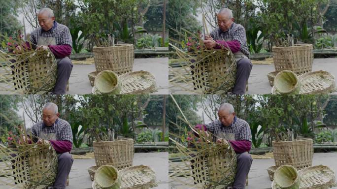 乡村老人在院子里用竹条编竹篮