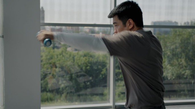 强壮的亚洲男子用哑铃拳击，举重训练，拳击动作在现代健身房