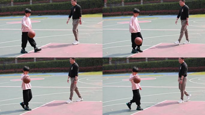 亚洲父亲和儿子在篮球场打篮球慢镜